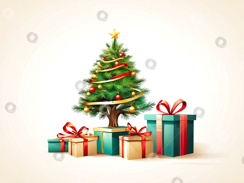 Скачать Мультяшная иллюстрация рождественской елки и подарочных коробок на белом фоне. Поздравительная открытка на Рождество и Новый год. Сгенерированная искусственным интеллектом фотосток Ozero