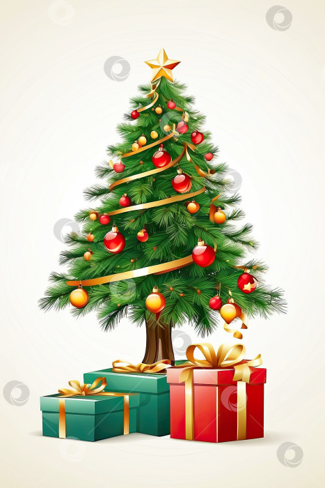 Скачать Мультяшная иллюстрация рождественской елки и подарочных коробок на белом фоне. Поздравительная открытка на Рождество и Новый год. Сгенерированная искусственным интеллектом фотосток Ozero