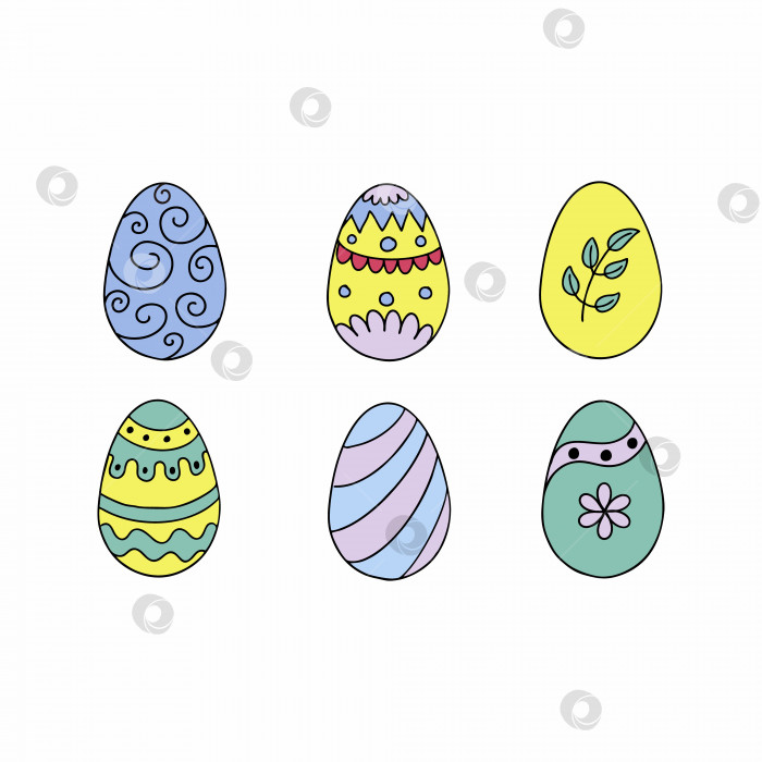 Скачать Набор разноцветных пасхальных яиц с орнаментом. Яйцо с рисунком в виде каракулей. фотосток Ozero