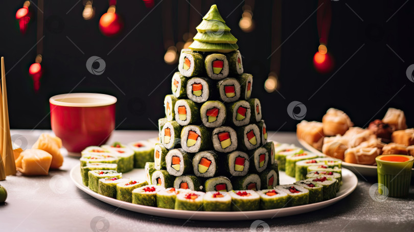 Скачать закуска в виде рождественской елки из роллов, суши, красной рыбы, блюд традиционной японской кухни на праздничный новогодний стол. Меню, рецепт и красивая подача. Рождественский декор и сервировка стола. Сгенерирован ИИ фотосток Ozero