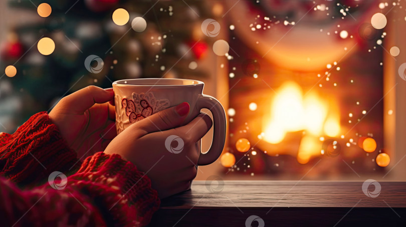 Скачать Согревающая кружка кофе в деревенском доме у камина в руках девушки в свитере. Уютная зима, Рождество, Новый год. Искусственный интеллект сгенерирован фотосток Ozero