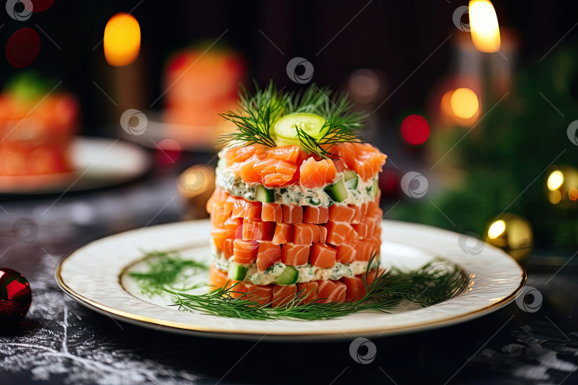 Скачать Закуски из красной рыбы и свежего огурца на праздничный новогодний стол. Рецепт и красивая подача. Рождественский декор и сервировка стола. Искусственный интеллект сгенерирован фотосток Ozero