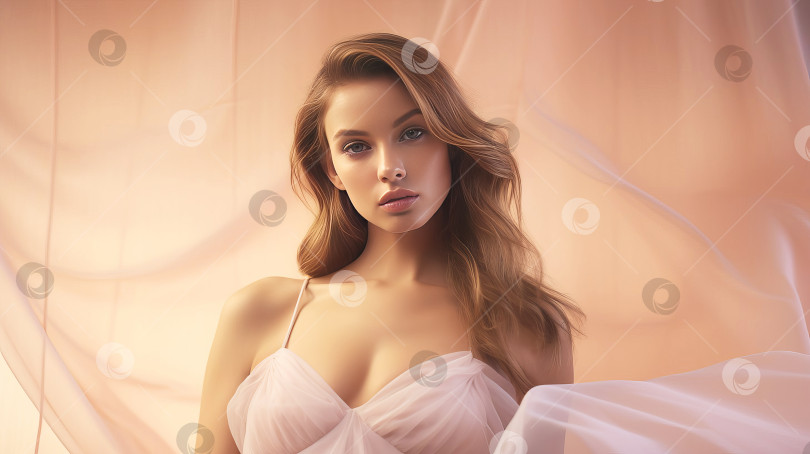 Скачать Красивая девушка-модель в красивом платье нежного персикового цвета, фон выполнен из мягкой легкой ткани. Искусственный интеллект сгенерирован. фотосток Ozero