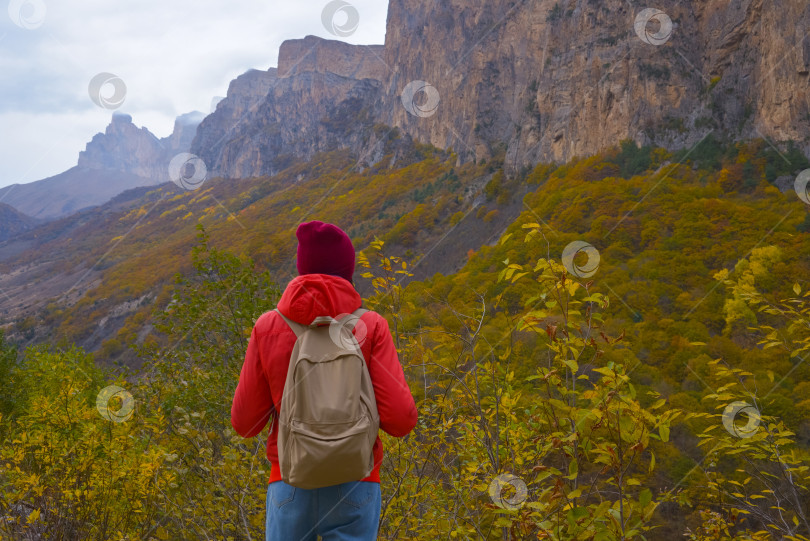 Скачать Брюнетка с рюкзаком за спиной на открытом воздухе исследует Кавказские горы в России, путешествия, стиль жизни, пешие прогулки, активные осенние каникулы, пеший туризм фотосток Ozero