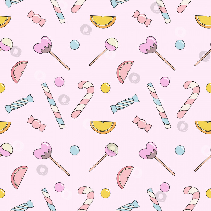 Скачать Розовый узор со сладкими конфетами и леденцами на палочке. Бесшовный фон для пошива одежды. Обои для текстиля, упаковочная бумага. фотосток Ozero