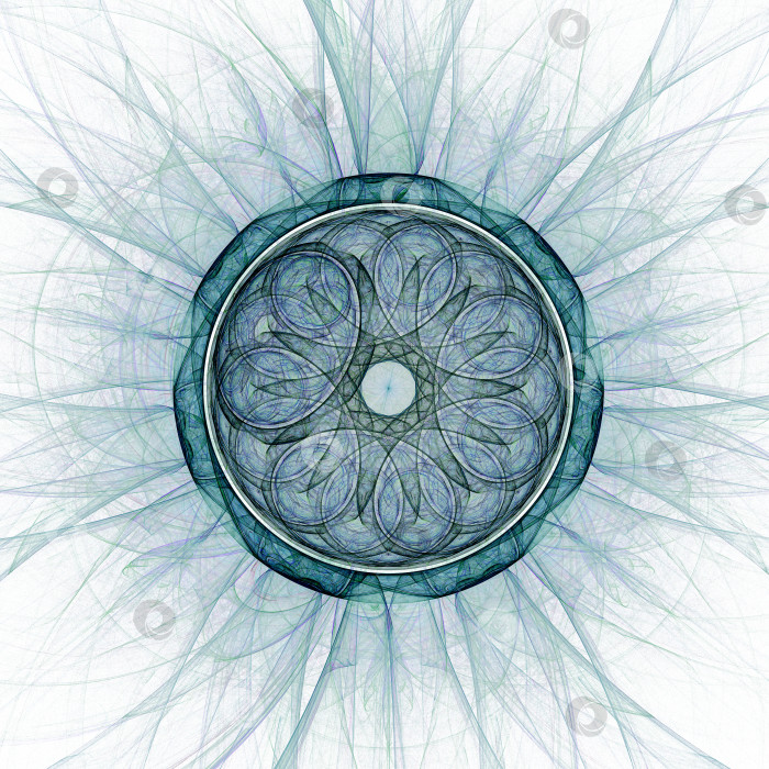 Скачать Абстрактный фрактальный фон с орнаментом. В центре круга изображен цветок, состоящий из кругов и дуг. От круга исходят прозрачные, воздушные лучи. 3D рендеринг. 3d иллюстрация фотосток Ozero