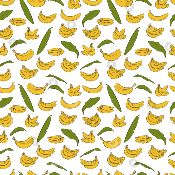 Скачать Набор бесшовных узоров из бананов, листьев и фруктов, 1000x1000 пикселей. Векторная графика фотосток Ozero