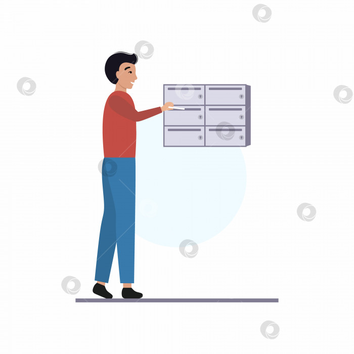 Скачать Мужчина опускает конверт с письмом в почтовый ящик. Векторный плоский мультяшный персонаж. Концепция доставки почты, доставки заказов. фотосток Ozero
