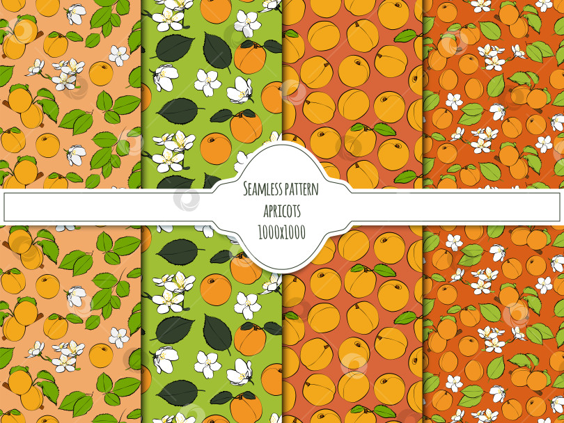 Скачать Набор бесшовных узоров из абрикосов, листьев, фруктов и цветов, 1000х1000 пикселей, векторная графика. фотосток Ozero