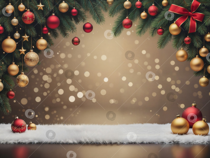 Скачать Рождественский фоновый шаблон с украшениями, сосновыми ветками и шарами с пустым пространством фотосток Ozero