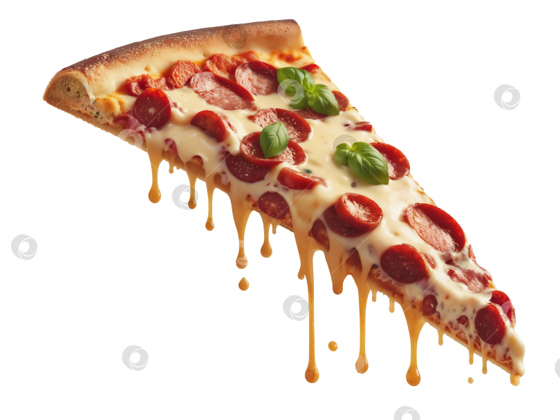 Скачать Ломтик пиццы пепперони с капающим сыром и украшенный листьями базилика. Прозрачный фон PNG фотосток Ozero