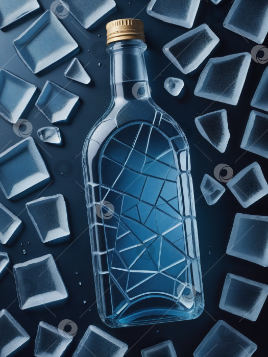 Скачать Треснувшая бутылка между покрытыми инеем осколками льда на синей поверхности, снимок сверху вниз фотосток Ozero