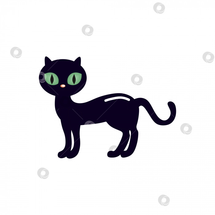 Скачать Черная кошка с большими зелеными глазами, выделяющаяся на белом фоне. Рисунок милой кошки на Хэллоуин. Магия и колдовство. Праздничный дизайн, поздравительные открытки, приглашения. Векторная мультяшная иллюстрация. фотосток Ozero