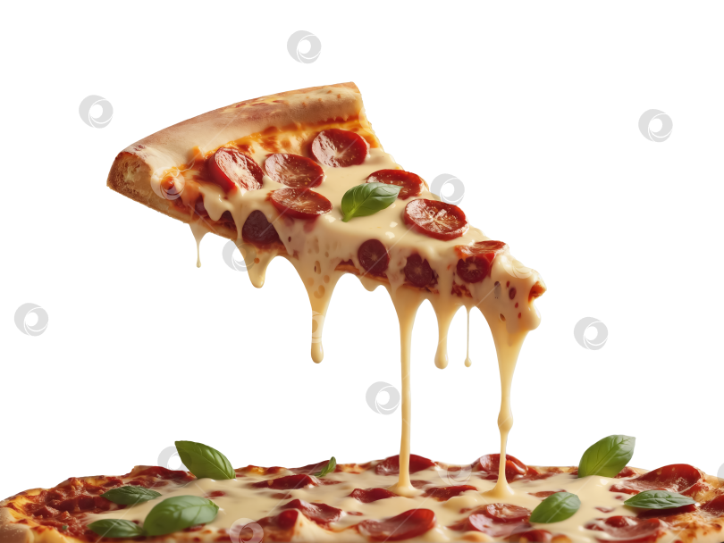 Скачать Пицца с колбасой пепперони и летящим ломтиком, сверху которого капает сыр. Прозрачный фон PNG фотосток Ozero