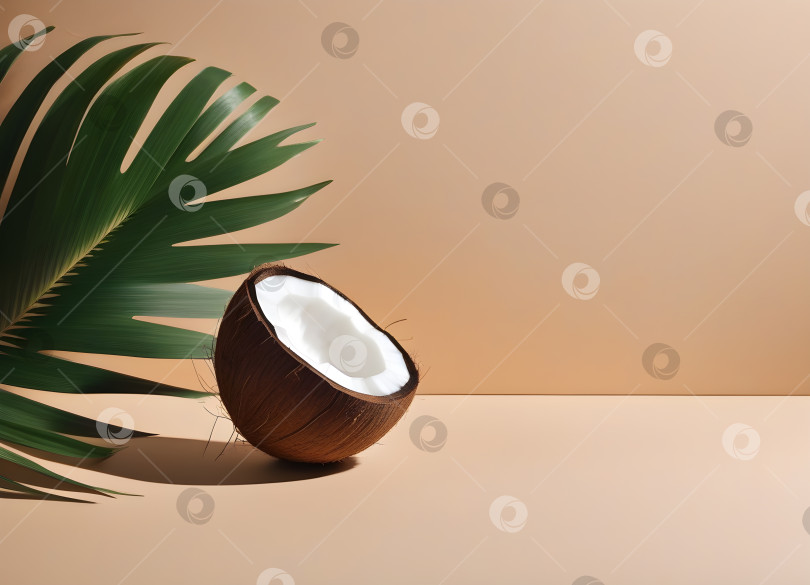 Скачать кокосовый орех и пальмовые листья на минималистичном бежевом фоне с copyspace фотосток Ozero