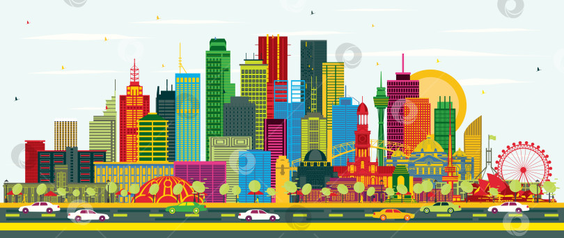Скачать Австралия. Городской пейзаж с цветными зданиями на фоне голубого неба. Достопримечательности Австралии. фотосток Ozero