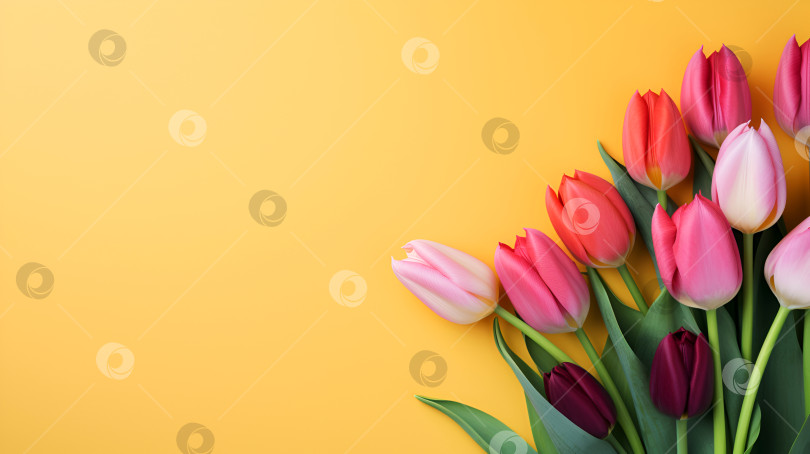Скачать Разноцветные тюльпаны на желтом фоне. Яркие тюльпаны, выделяющиеся на желтом фоне. Весенний букет тюльпанов, насыщенные цвета на ярком фоне. Поздравительная открытка с женским днем, место для копирования. фотосток Ozero