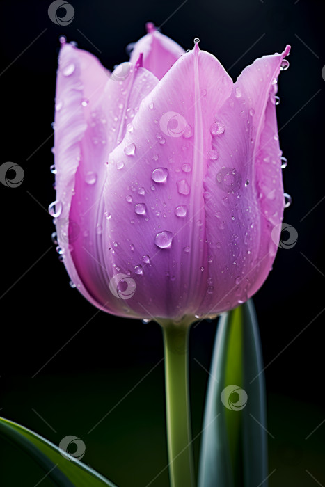 Скачать Одиночный фиолетовый тюльпан с каплями дождя на темном фоне. Крупный план фиолетового тюльпана с каплями воды, эффектное освещение. Яркий фиолетовый тюльпан под дождем, контраст цвета и темноты. Весна фотосток Ozero