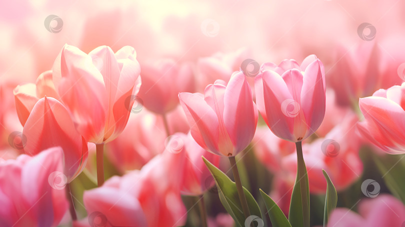 Скачать Нежно-розовые тюльпаны в теплом сиянии восходящего солнца, безмятежное поле. Поле розовых тюльпанов сияет в мягком утреннем свете. Баннер весенних тюльпанов с полем нежно-розовых цветов, распускающихся в лучах рассвета фотосток Ozero