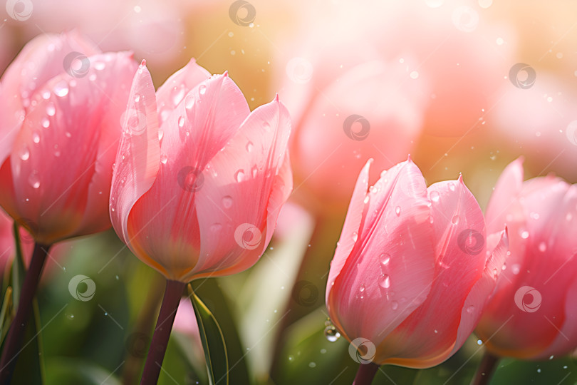 Скачать Празднование женского дня. Розовые тюльпаны, покрытые капельками росы, греются на солнце. Нежно освещенные розовые тюльпаны с капельками воды, утренняя свежесть. Поцелованные солнцем блестящие розовые тюльпаны, покрытые росой, сияющая цветочная сцена. фотосток Ozero