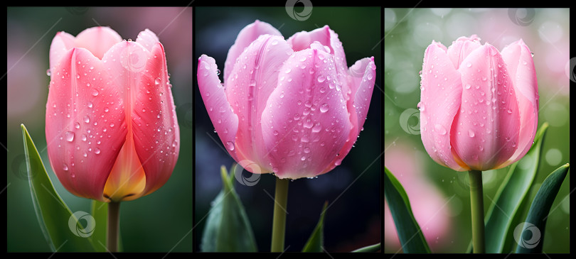 Скачать Букет розовых тюльпанов с каплями росы крупным планом. Весенний баннер с тремя розовыми тюльпанами в ряд, блестящими от дождевой воды. Поздравительная открытка ко дню женщин с розовыми тюльпанами и каплями дождя при мягком естественном освещении фотосток Ozero