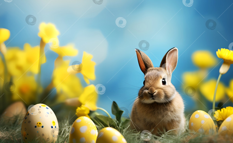 Скачать Кролик среди желтых цветов и яиц в горошек. Пасхальный кролик на поле нарциссов с яйцами. Весенний кролик с пасхальными яйцами на природе среди желтых цветов фотосток Ozero
