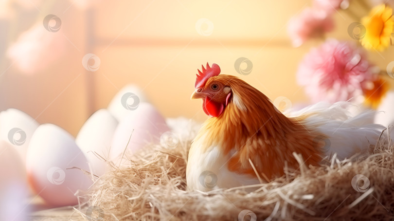 Скачать Курица среди пасхальных яиц, весенняя пасторальная сцена. Пасха на ферме с курицей, охраняющей яйца. Пасхальное настроение в деревенском стиле с курицей и свежими яйцами. фотосток Ozero