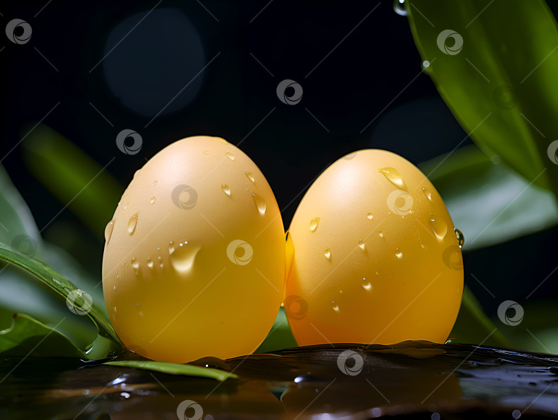 Скачать Покрытые росой желтые яйца среди пышной зелени. Свежая утренняя роса на пасхальных яйцах в природе. Светящиеся пасхальные яйца с капельками на листве фотосток Ozero