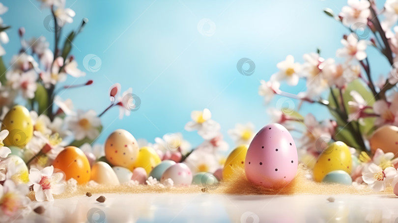 Скачать Яркое пасхальное яйцо посреди цветочного рая. Красота Пасхи запечатлена в цветах и яйце. Одно яйцо выделяется в объятиях весны фотосток Ozero