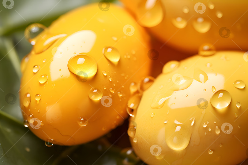 Скачать Золотые яйца с каплями воды на пышных листьях. Блестящие пасхальные яйца, утопающие в зелени. Утренняя роса на золотых яйцах, свежих и ярких фотосток Ozero