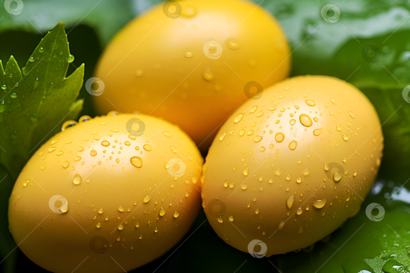 Скачать Пасхальные яйца с каплями росы на зеленых листьях, крупным планом. Свежие желтые пасхальные яйца с каплями воды. Украшение пасхальных яиц в природном стиле. Источник витамина Омега-3 фотосток Ozero