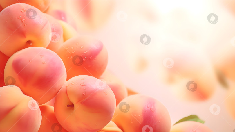 Скачать Персиковый пушистый фон со спелыми персиками и каплями воды. Сочные свежие персики крупным планом. Сочные свежие персики крупным планом. фотосток Ozero