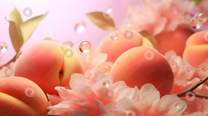 Скачать Спелые персики с капельками росы, спрятанными среди мягкого персикового пуха или розовых лепестков, создают яркое и свежее сочетание фруктов и цветов с нежной романтической атмосферой. День любви или фон для прополки фотосток Ozero