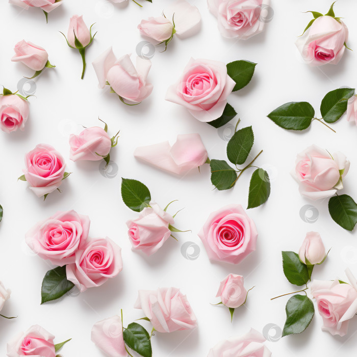 Скачать Цветочная композиция. Бесшовный узор из розовых и белых роз на белом фоне. Вид сверху. фотосток Ozero