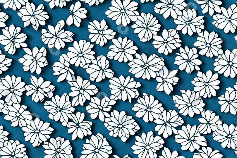 Скачать Белые цветы, вырезанные из бумаги, с тенями на синем фоне фотосток Ozero