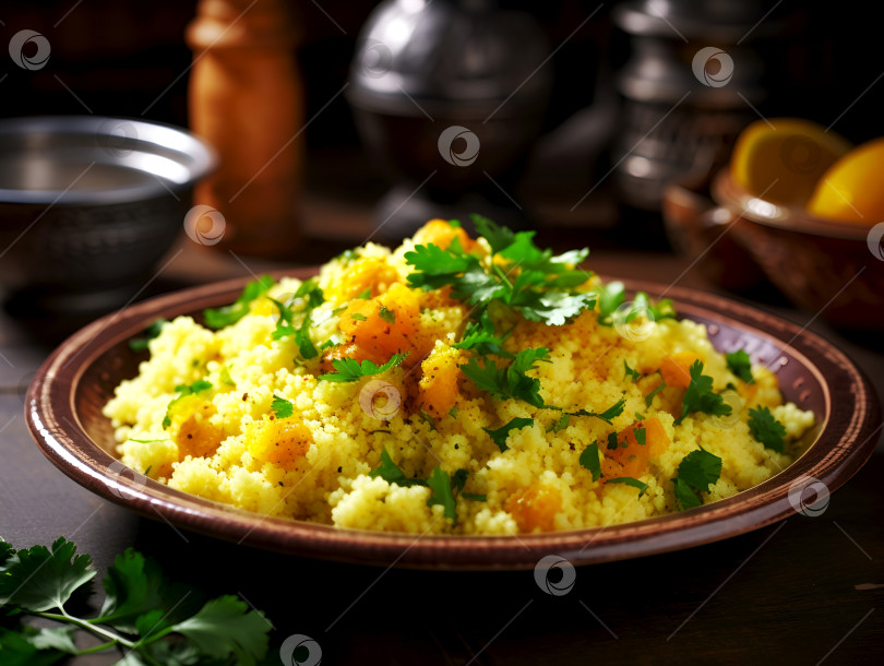 Скачать Пикантный кускус с овощами, гарнир из зелени. Блюдо из кускуса с пряностями, разноцветный овощной микс. Сытный овощной кускус, посыпанный свежей петрушкой. Блюдо арабской кухни фотосток Ozero