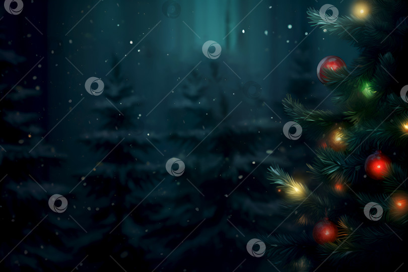 Скачать Рождественская елка в заснеженном лесу, праздничное настроение. Рождественский и новогодний фон, копировальное пространство. Праздничное настроение с зажженной елкой, спокойный лес. Очарованная зимняя сцена, украшенная сосна, безмятежность. фотосток Ozero