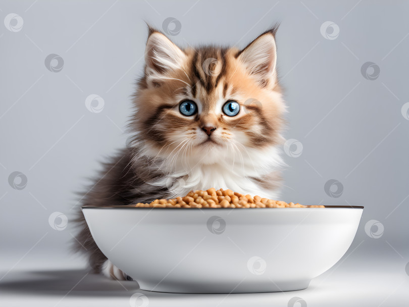 Скачать милый пушистый котенок с голубыми глазами с миской кошачьего корма фотосток Ozero