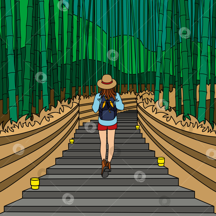 Скачать Девушка путешественница в бамбуковом парке вектор иллюстрация фотосток Ozero