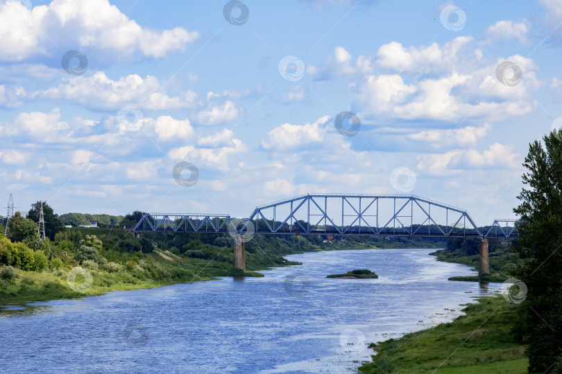 Скачать Металлический мост через реку, зеленые деревья и трава фотосток Ozero