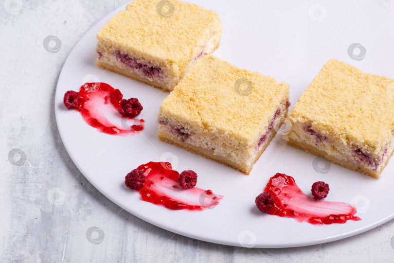Скачать Подача вкуснейшего ванильно-ягодного торта на белой тарелке фотосток Ozero