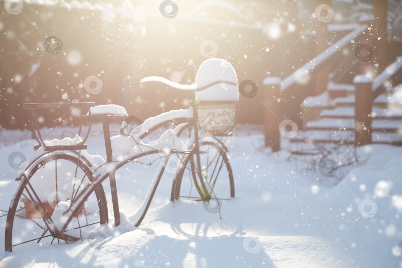 Скачать Украшения для сада в зимний сезон. Садовая подставка для цветочных горшков в форме велосипеда фотосток Ozero