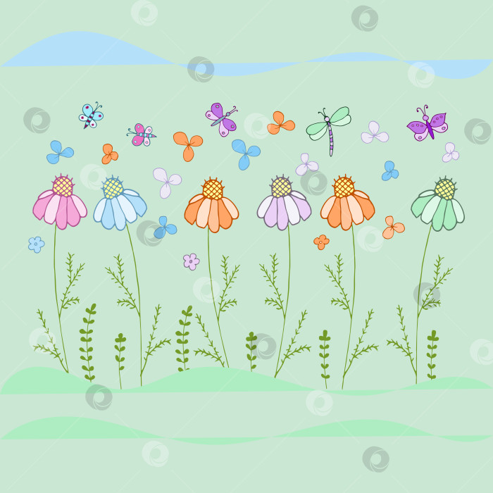Скачать Голубые и розовые милые маргаритки и бабочки. фотосток Ozero
