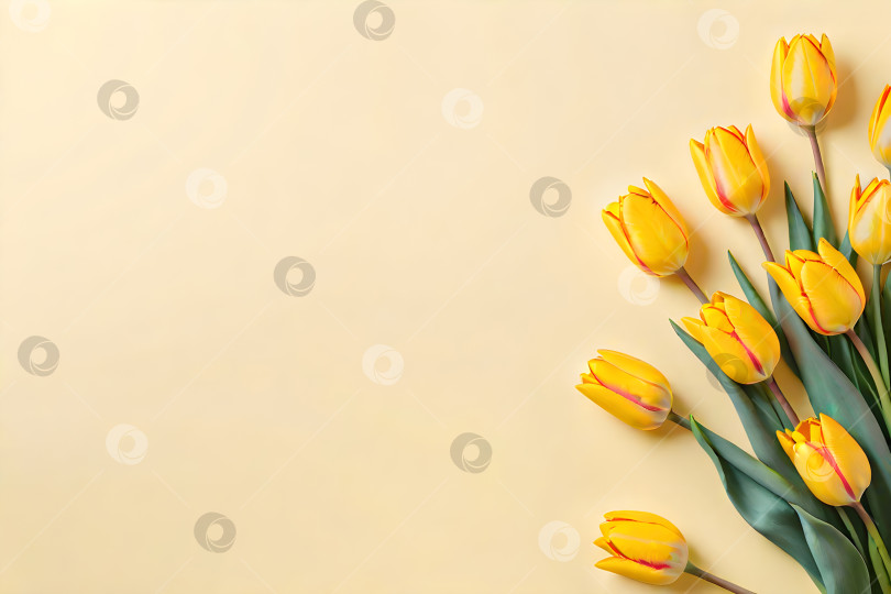 Скачать пастельно-желтые тюльпаны на минималистичном желтом фоне, плоский вид сверху с пространством для текста фотосток Ozero