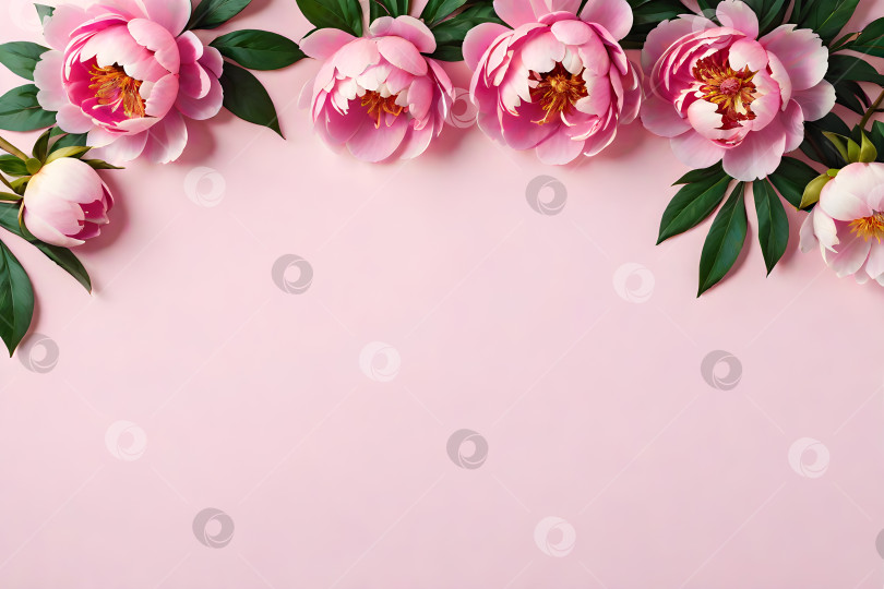 Скачать розовые пионы на розовом фоне, плоский вид сверху с местом для текста фотосток Ozero