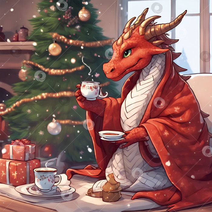 Скачать Красный дракон пьёт чай около ёлки фотосток Ozero