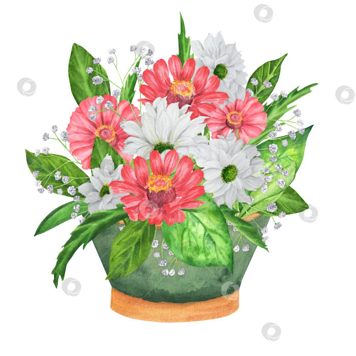 Скачать Нарисованный вручную акварелью садовый горшок с цветами фотосток Ozero