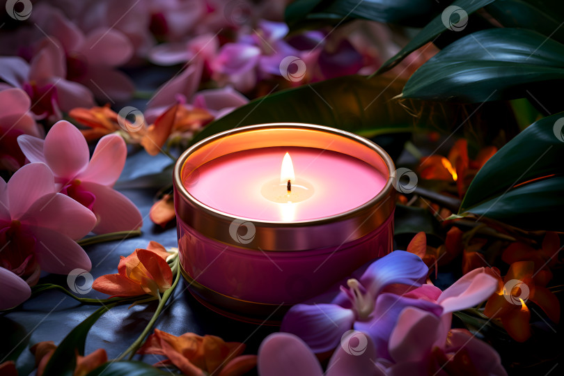 Скачать Розовая свеча среди букета экзотических цветов, создающая безмятежную атмосферу. Яркая цветочная свеча в обрамлении тропической эссенции, тайский спа. Завораживающий свет свечей в обрамлении пышных лепестков фотосток Ozero
