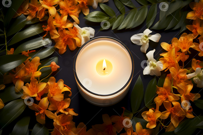 Скачать Ароматическая свеча в окружении ярких оранжевых и белых цветов, тайский спа. Атмосфера ароматических свечей с цветочной композицией в мягком фокусе. Успокаивающий свет свечей с яркими цветами, атмосфера спа фотосток Ozero
