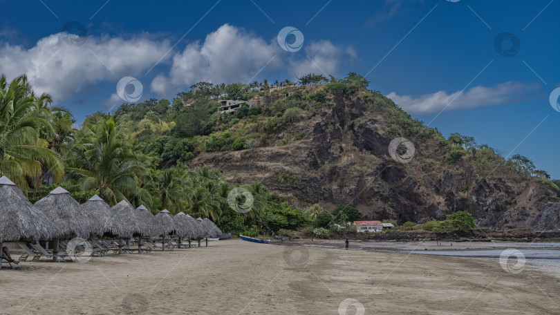 Скачать На песчаном пляже в ряд выстроены шезлонги и соломенные зонтики. фотосток Ozero